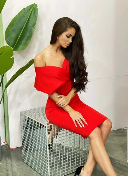 Off The Shoulder Belt Midi Dress  HV7760