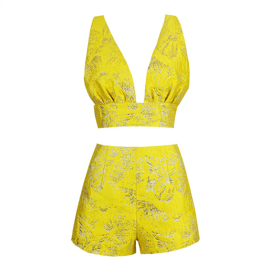 Sparkly Crop Top Shorts Set Yellow  HV8488