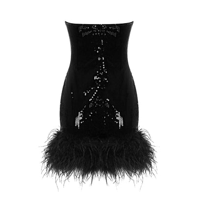 One Sleeve Sequin Feather Dress Black  HV9078