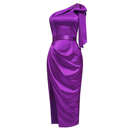 One Shoulder Bow Detail Midi Dress Purple  HV8782