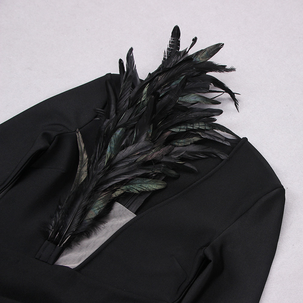 Long Sleeve Feather Detail Dress Black V9099