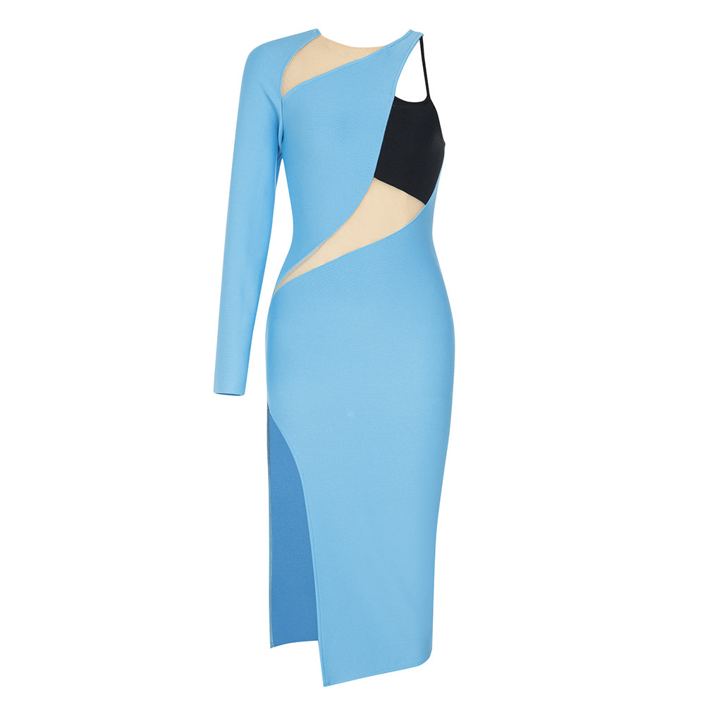 One Sleeve Mesh Midi Dress Blue Black V8885