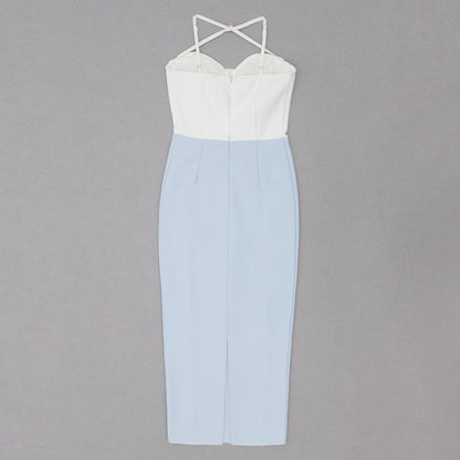 Halter Bustier Midi Dress White Blue HV8747