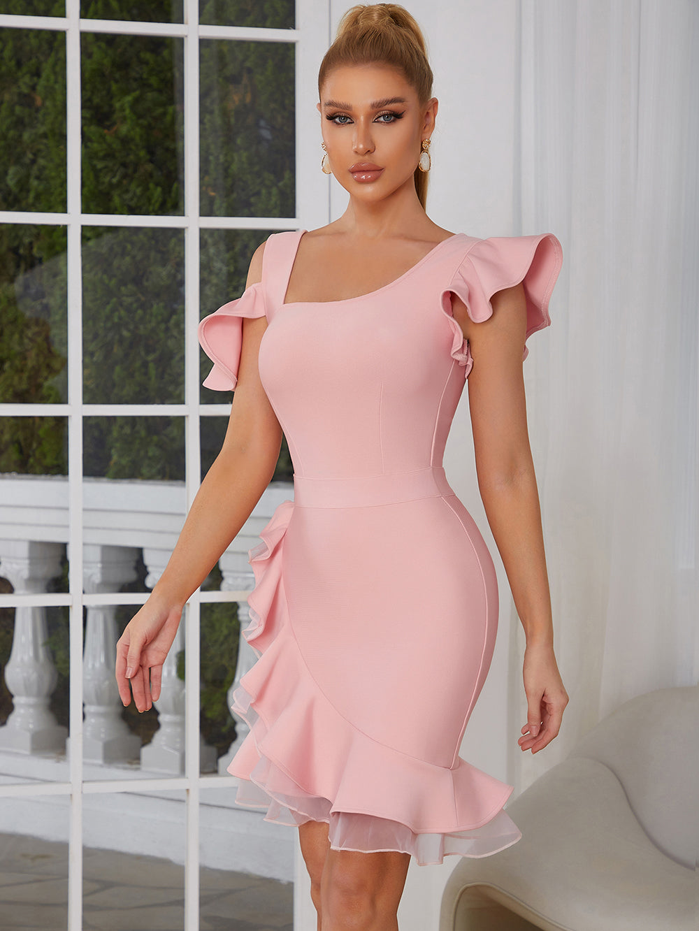 Ruffle Detail Dress Pink V9012