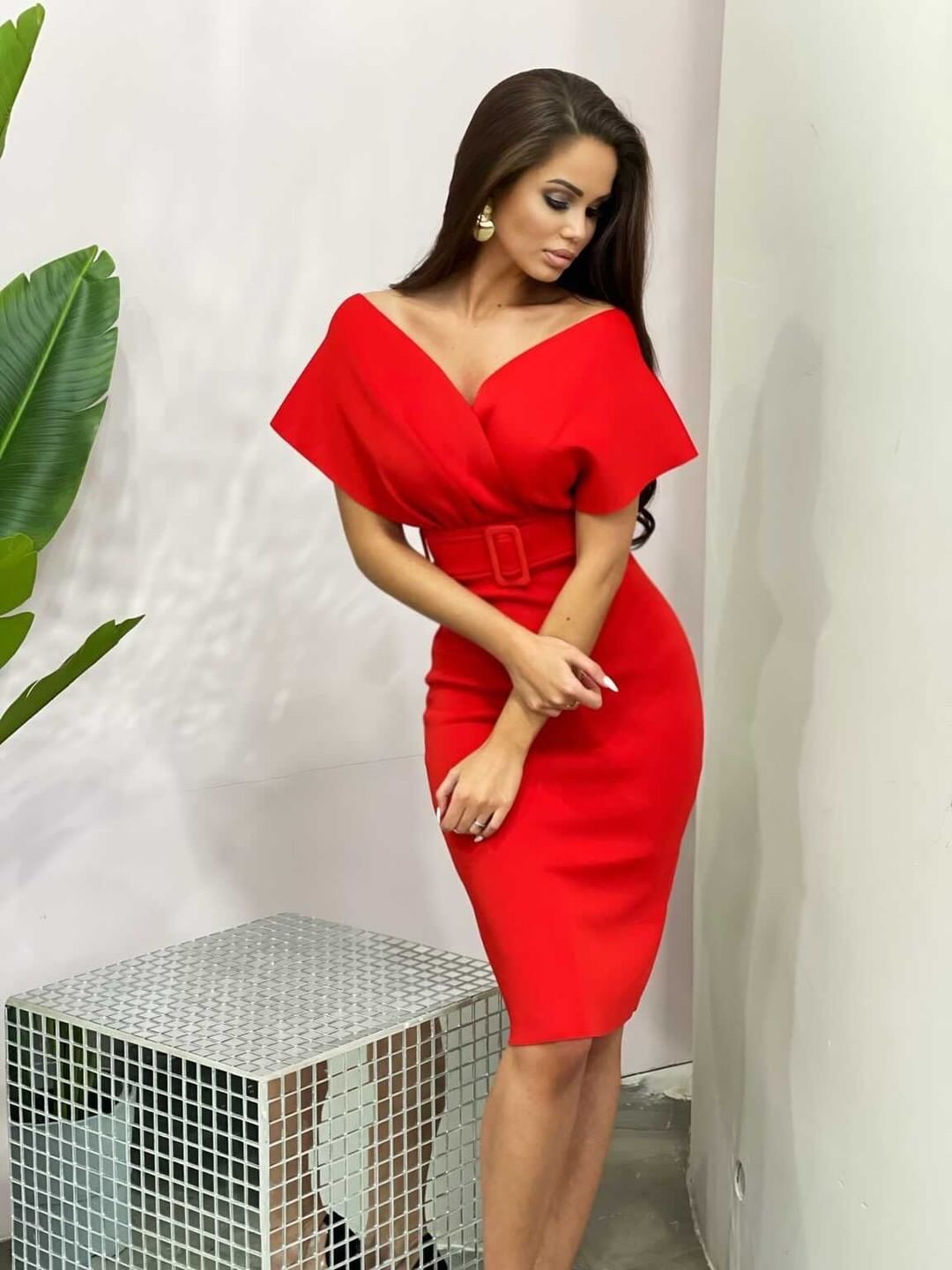 Off The Shoulder Belt Midi Dress  HV7760