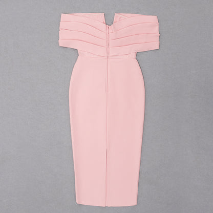 Draped Off Shoulder Structured Midi Dress Pink  HV8586