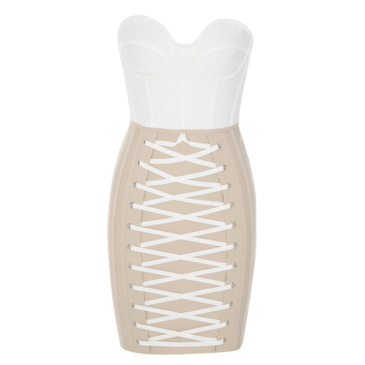 Strapless Bustier Lace Up Dress White Nude HV8789