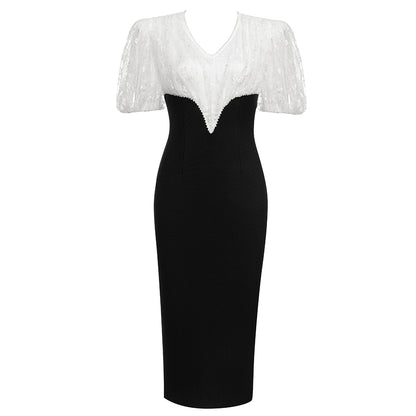 Short Sleeve Lace Pearl Midi Dress Black White V8606