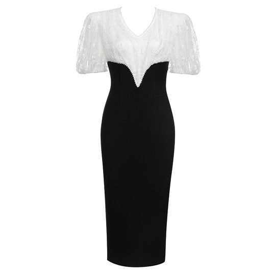 Short Sleeve Lace Pearl Midi Dress Black White V8606