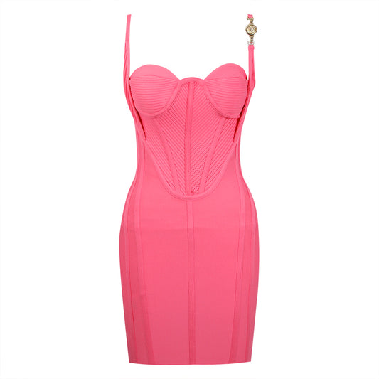 Ribbed Bustier Structured Dress Hot Pink  HV8928B