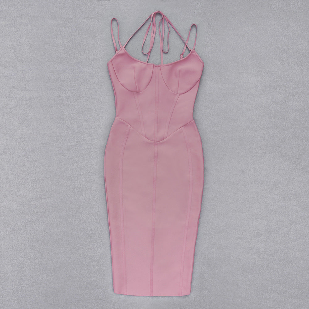 Halter Bustier Structured Midi Dress Pink  HV8504