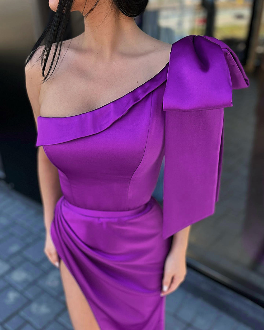 One Shoulder Bow Detail Midi Dress Purple  HV8782