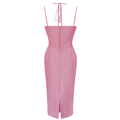 Halter Bustier Structured Midi Dress Pink  HV8504