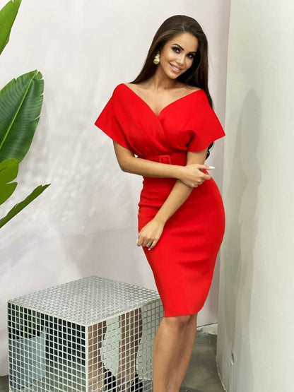 Off The Shoulder Belt Midi Dress  HV7760