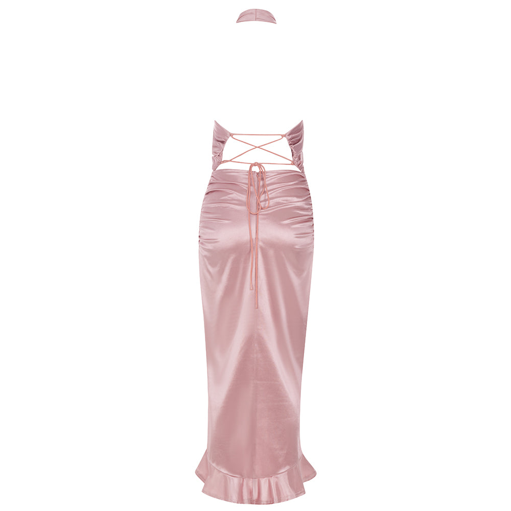 Halter Draped Ruffle Midi Silk Dress Pink HV8667