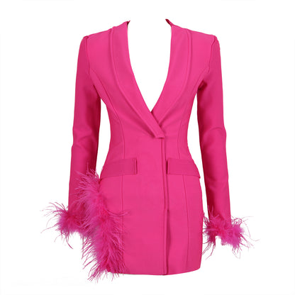 Long Sleeve Feather Detail Blazer Dress Hot Pink HV9064