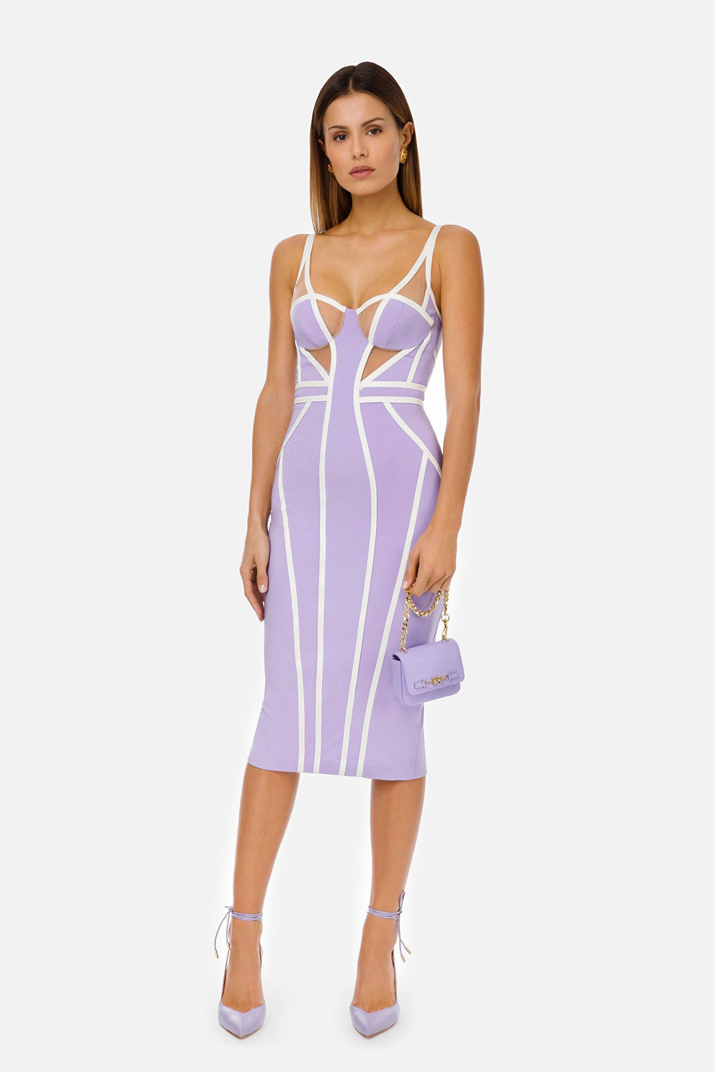 Mesh Insert Structured Midi Dress V7574