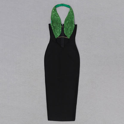 Halter Sequined Midi Dress Green Black HV8506