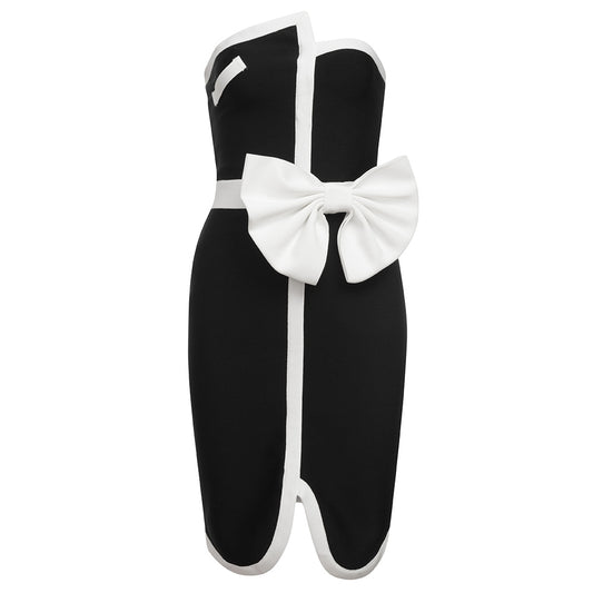 Strapless Bow Detail Dress Black White V8654