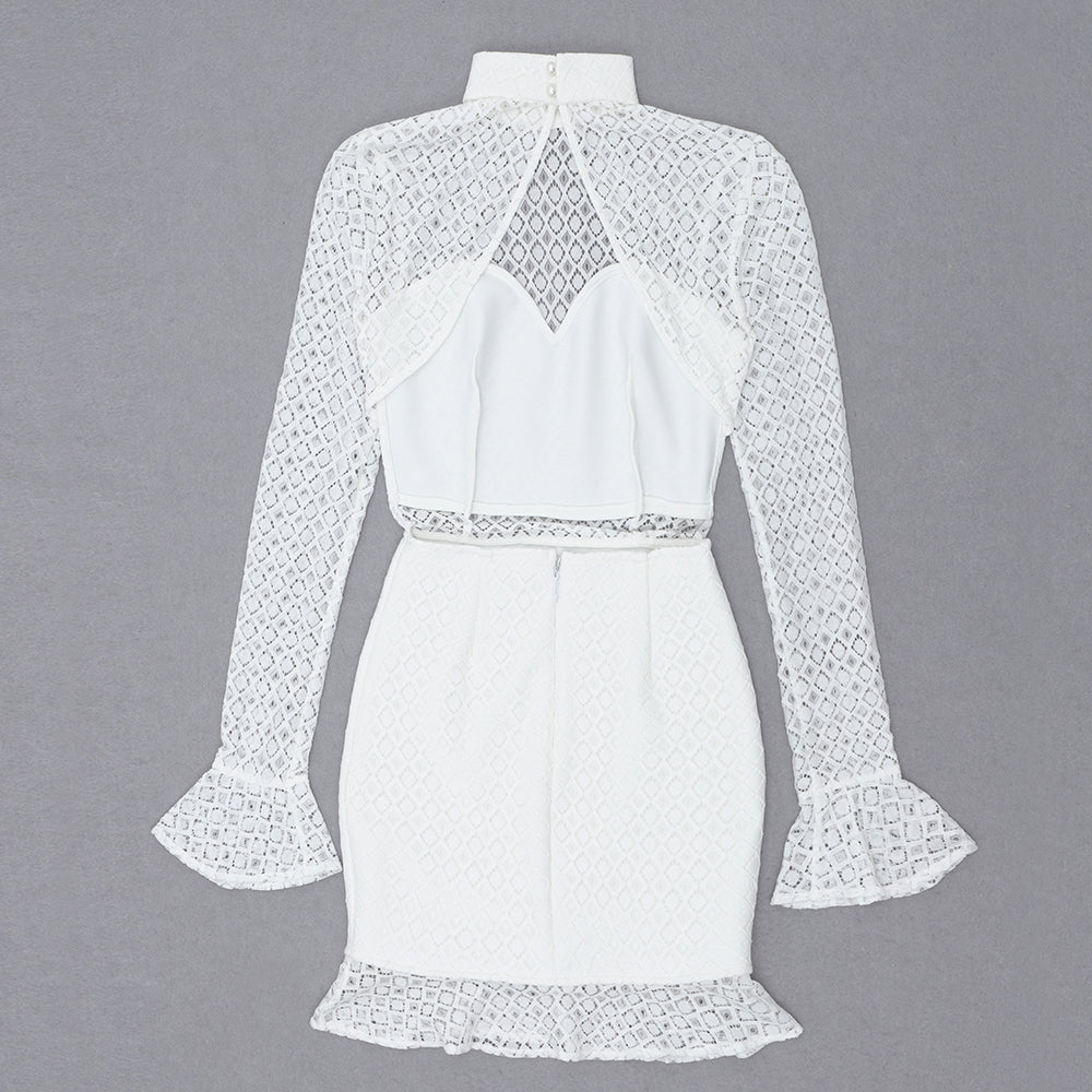 Long Sleeve Lace Backless Ruffle Dress White V7990