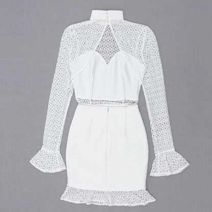 Long Sleeve Lace Backless Ruffle Dress White V7990