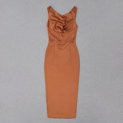 Draped Midi Silk Dress Copper Brown  HV8599