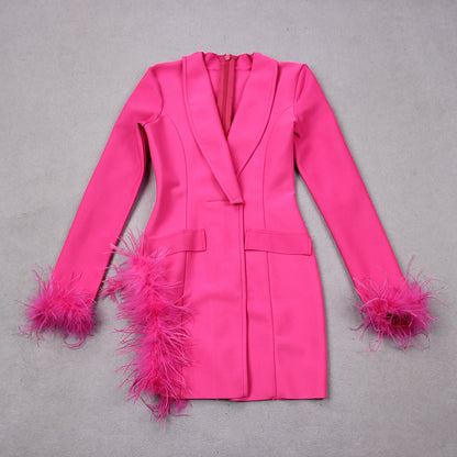 Long Sleeve Feather Detail Blazer Dress Hot Pink HV9064