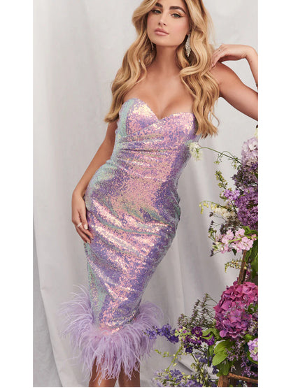 Strapless Draped Sequin Feather Midi Dress HV8841