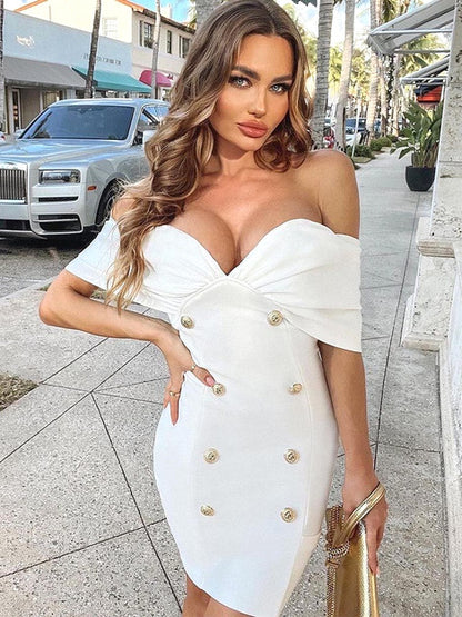 Draped Off The Shoulder Button Dress  HV7989