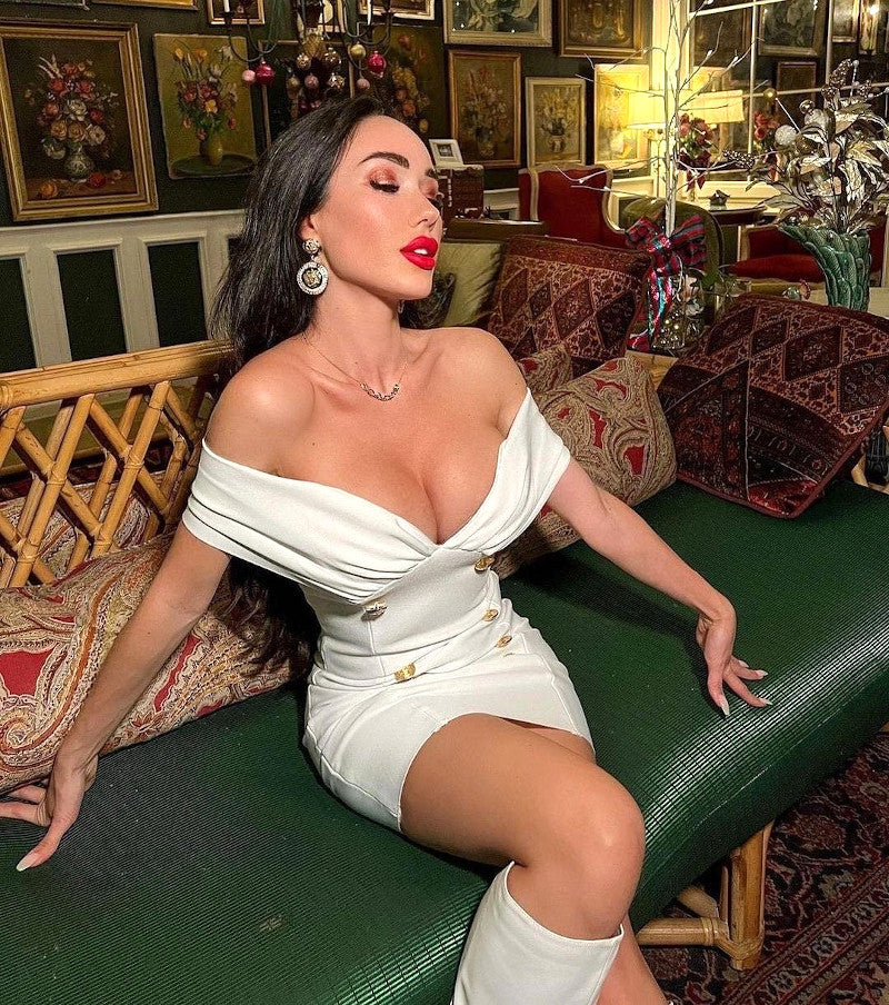 Draped Off The Shoulder Button Dress  HV7989