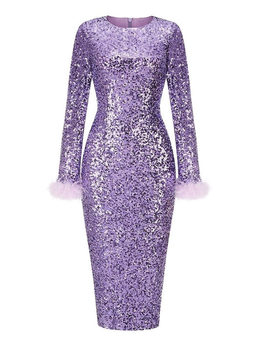 Long Sleeve Feather Sequin Midi Dress  HV8915