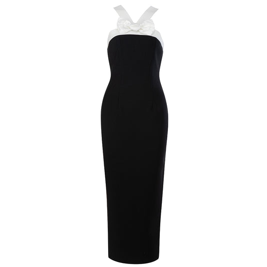 Bow Detail Midi Dress Black White HV8691