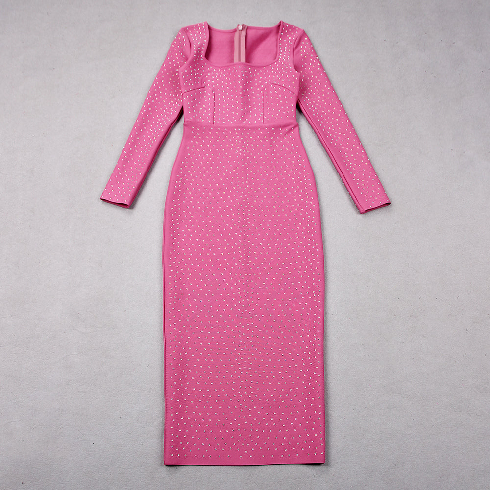 Long Sleeve Sparkly Midi Dress Pink