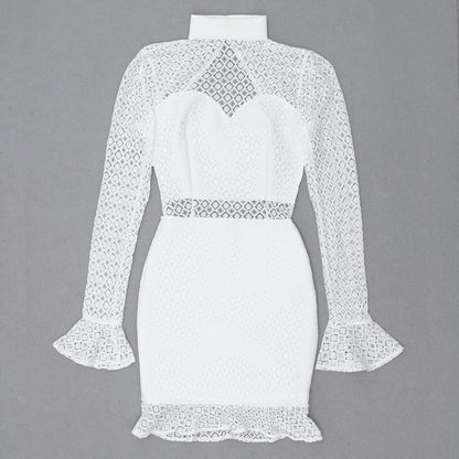 Long Sleeve Lace Backless Ruffle Dress White V7990