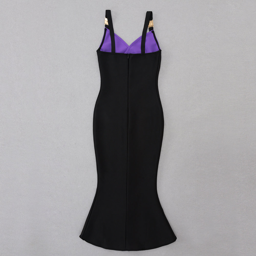 Cross Over Fluted Midi Dress Purple Black HV8769