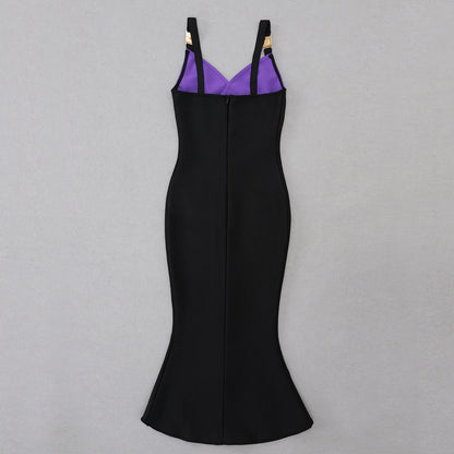 Cross Over Fluted Midi Dress Purple Black HV8769