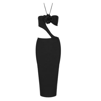 Halter Flower Detail Midi Dress Black  HV8456