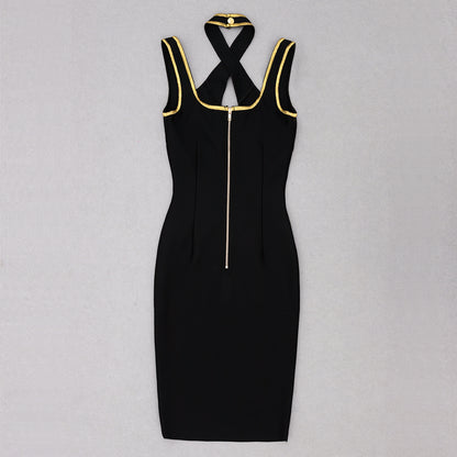 Halter Gold Trim Dress Black HV8745