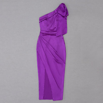 One Shoulder Bow Detail Midi Dress Purple  HV8782