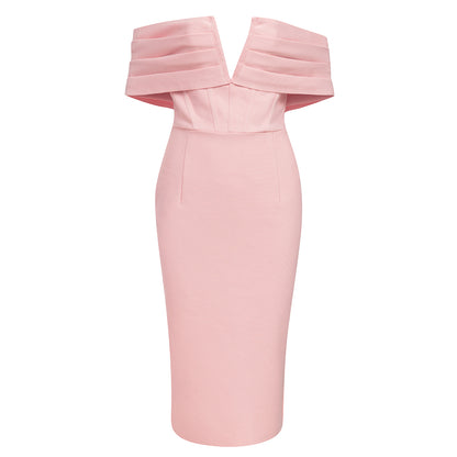 Draped Off Shoulder Structured Midi Dress Pink  HV8586