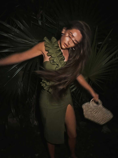 Ruffle One Shoulder Midi Dress  HV7842