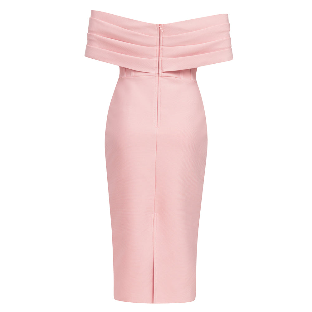 Draped Off Shoulder Structured Midi Dress Pink  HV8586