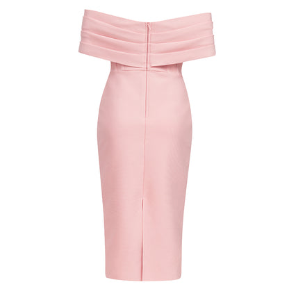 Draped Off Shoulder Structured Midi Dress Pink  HV8586