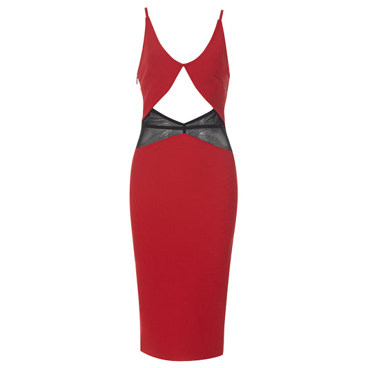 Mesh Insert Cut Out Midi Dress Red Black HV8716