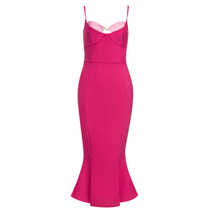 Bustier Detail Fluted Midi Dress Hot Pink HV8550