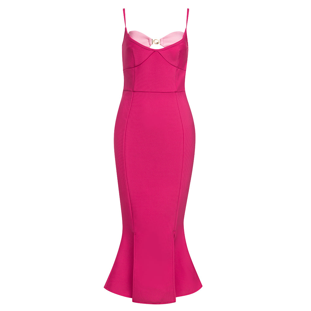 Bustier Detail Fluted Midi Dress Hot Pink HV8550