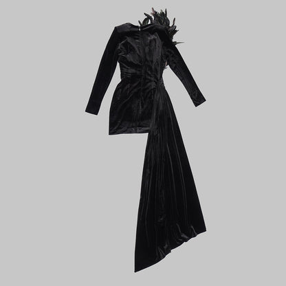 Long Sleeve Feather Detail Dress Black V9099