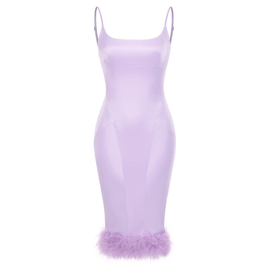 Feather Detail Midi Dress Lavender V8519