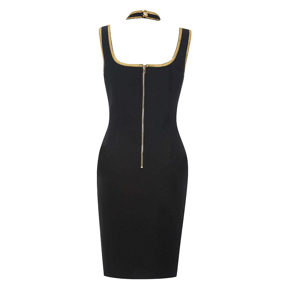 Halter Gold Trim Dress Black HV8745