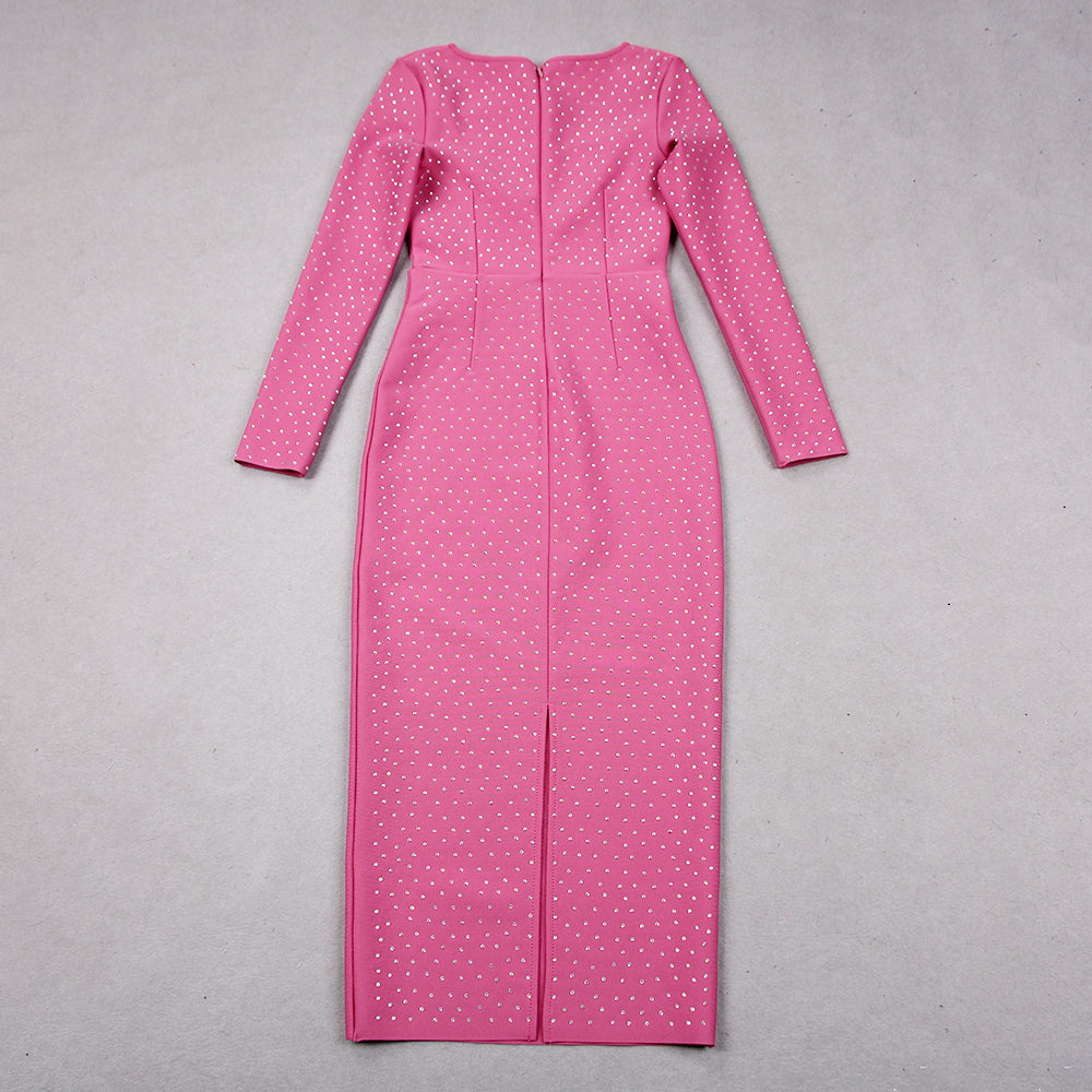 Long Sleeve Sparkly Midi Dress Pink